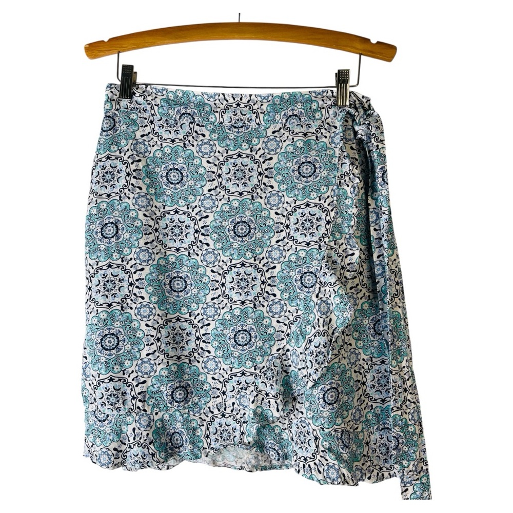 Loft blue white floral linen coastal preppy ruffle wrap skirt 4P